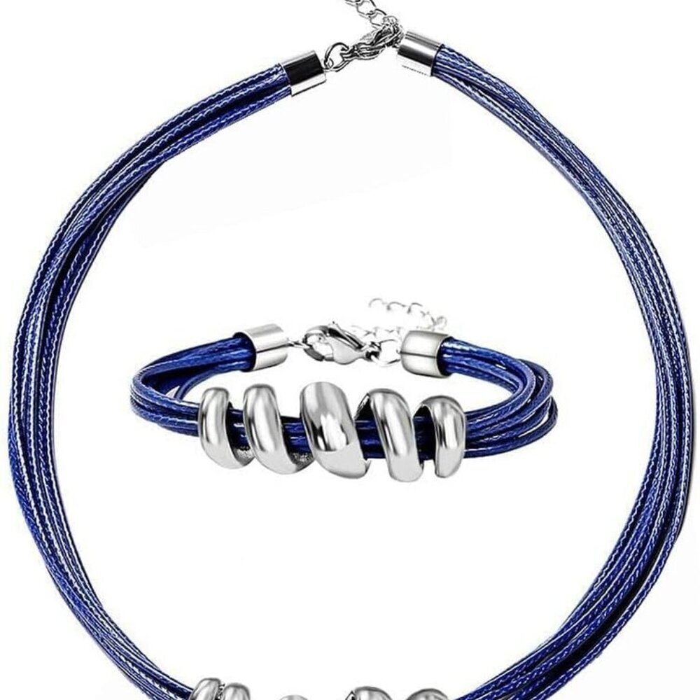 Leather Choker Necklace and Cuff Bracelet Set for Women Boho Jewelry